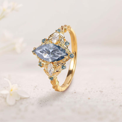 Unique Marquise Gray Moissanite Ring Alexandrite Halo Wedding Ring