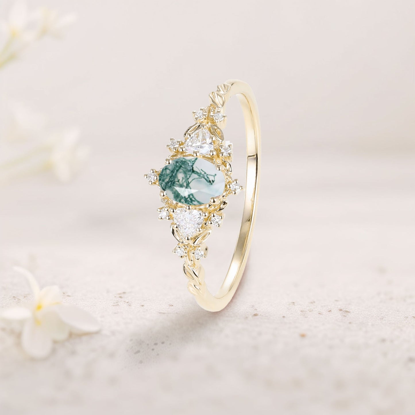 Classic Briar Rose Oval Moss Agate Olive Leaves Engagement Ring Fairy Ring