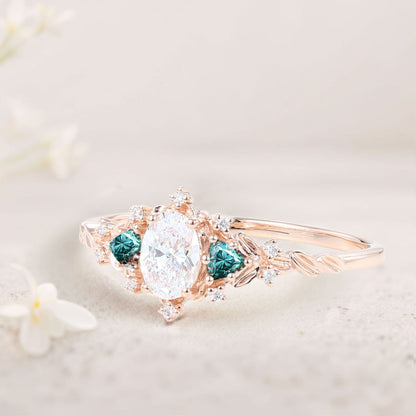 Classic Briar Rose Oval Moissanite and teal Moissanite Olive Leaves Engagement Ring
