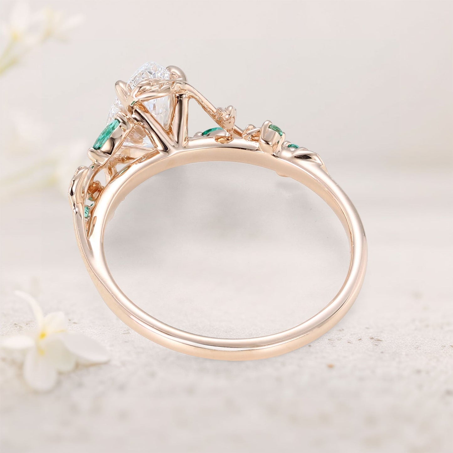 Unique floral engagement rings Pear Moissanite and Emerald Engagement Ring