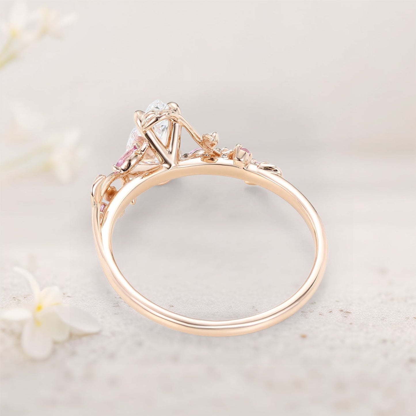 Unique floral engagement rings Pear Moissanite and Pink Lab Sapphire Ring