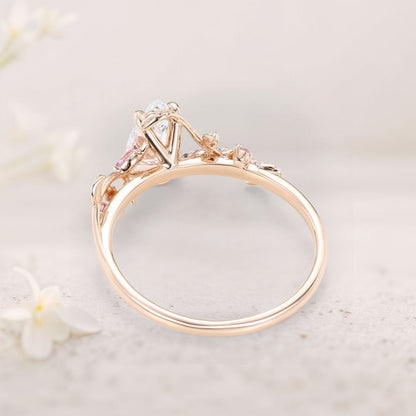 Unique floral engagement rings Pear Moissanite and Pink Lab Sapphire Ring