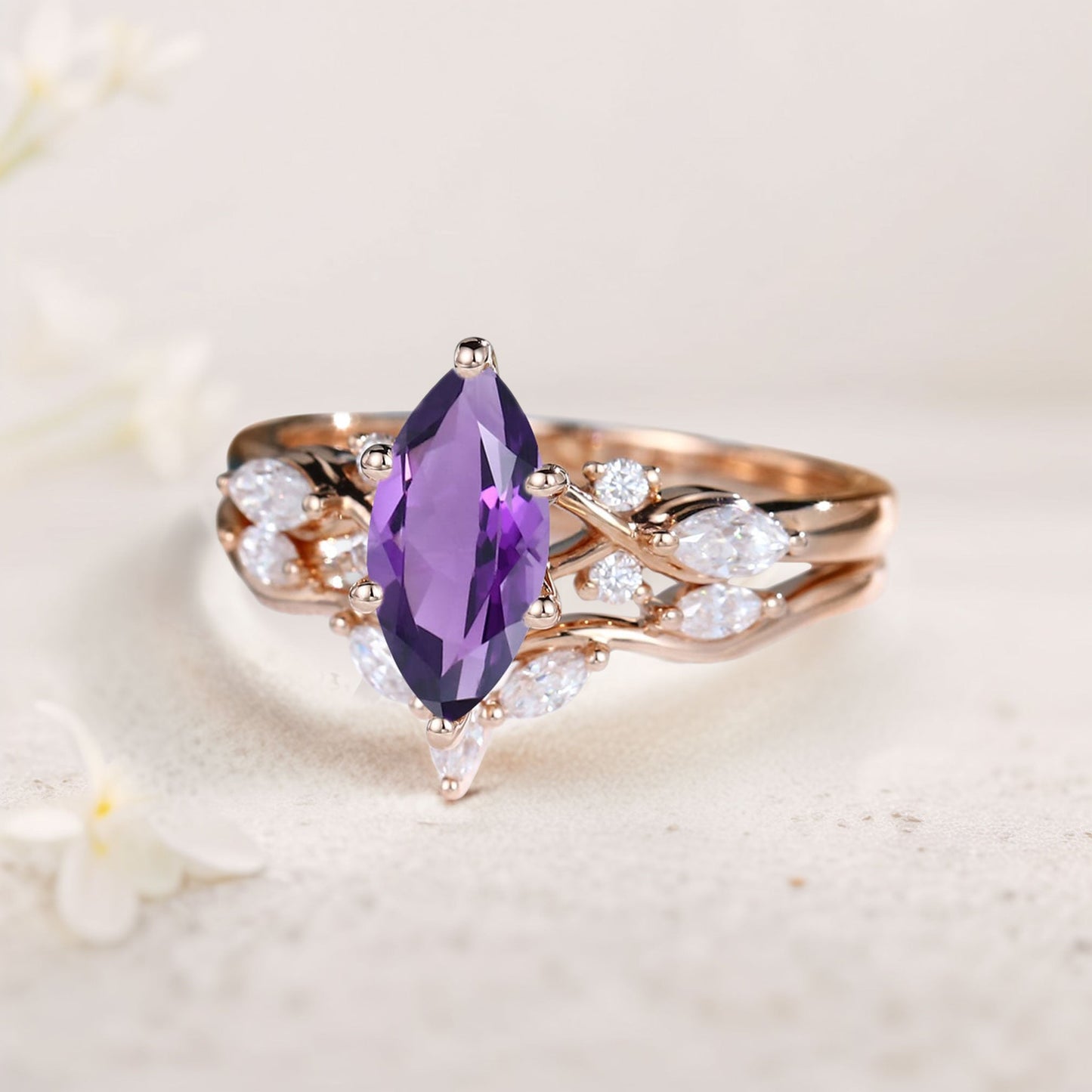 Unique Marquise Amethyst and Moissanite Wedding Ring Set Bridal Ring Set
