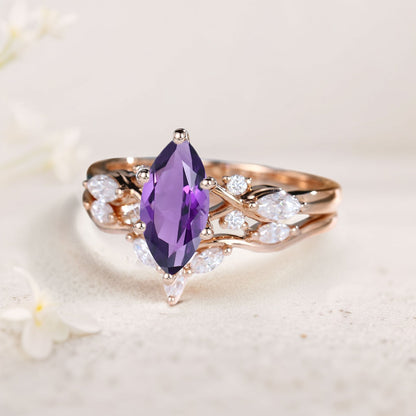 Unique Marquise Amethyst and Moissanite Wedding Ring Set Bridal Ring Set