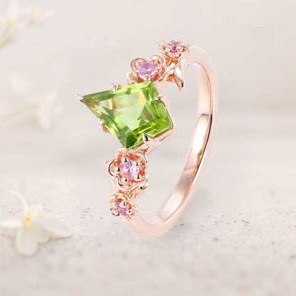 Unique Kite Peridot Blossom Engagement Ring Charming Flora Bridal Ring