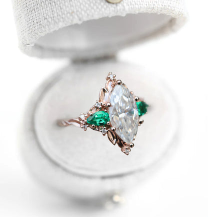 Unique Briar Rose Five Stone Marquise Moissanite and Lab Emerald Ring