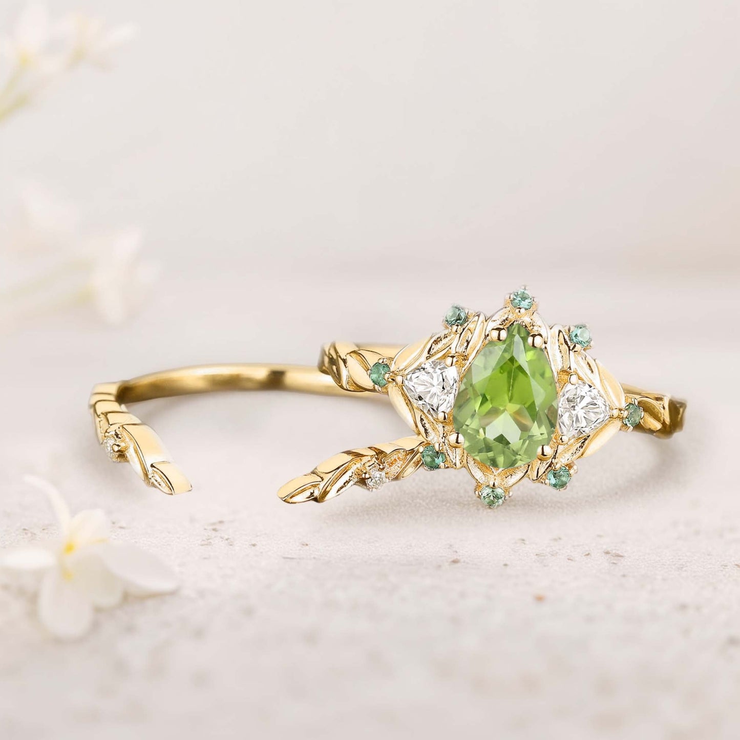 Unique floral engagement rings Pear Peridot Engagement Ring Set Emerald Cluster Leaf Wedding Ring Set