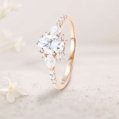 Unique Halo Oval Moissanite Engagement Ring Bridal Ring