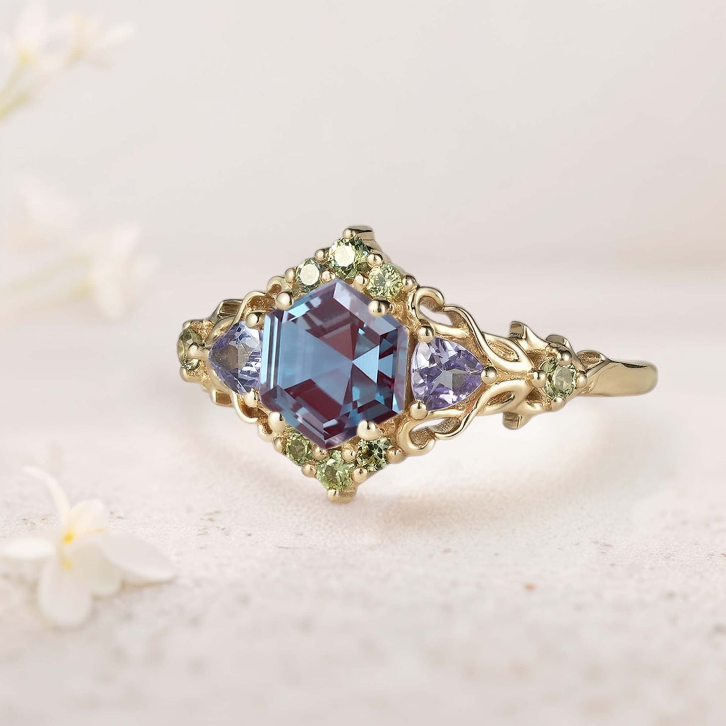 Unique floral engagement rings Three Stone Hexagon Lab Alexandrite and Blue sapphire Leaf Ring
