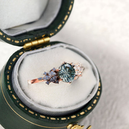 Unique Briar Rose Starbrite Cut Round Green Lab Sapphire Engagement Ring