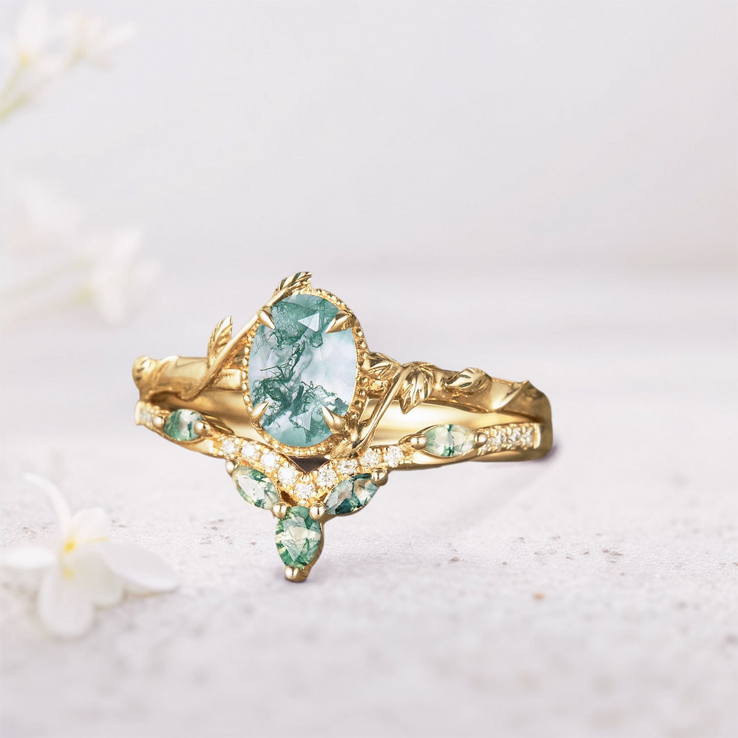 Unique Oval Moss Agate Twig Wedding Ring Set Bridal Ring Set