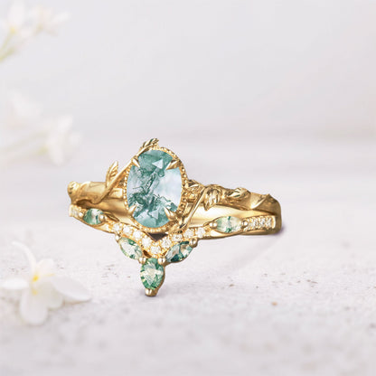 Unique Oval Moss Agate Twig Wedding Ring Set Bridal Ring Set