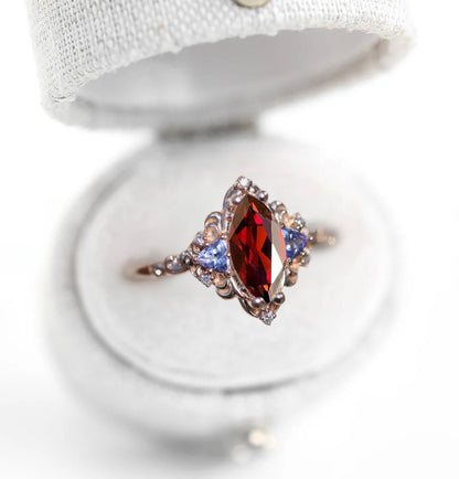 Unique Aurora Three Stone Marquise Garnet and Color Moissanite Anniversary Ring