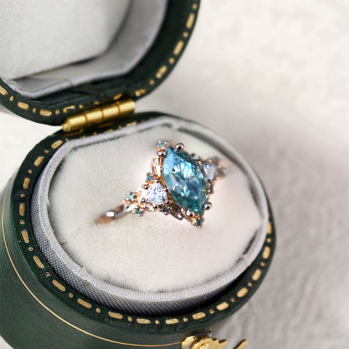 Unique floral engagement rings Marquise Teal Moissanite Ring Wedding Ring