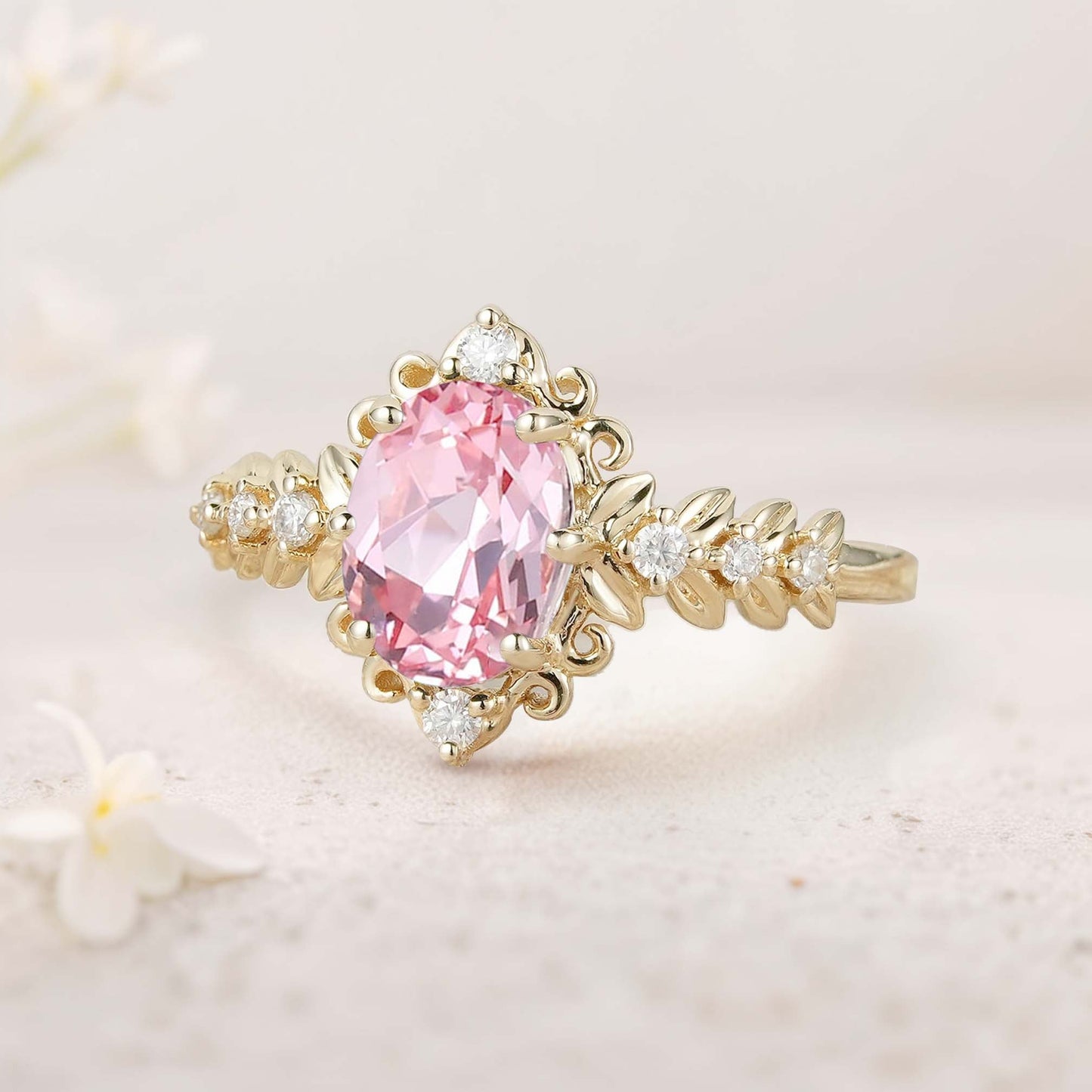 Unique Elegant Royal Oval Lab Padparadscha  Filigree Leaf Engagement Ring