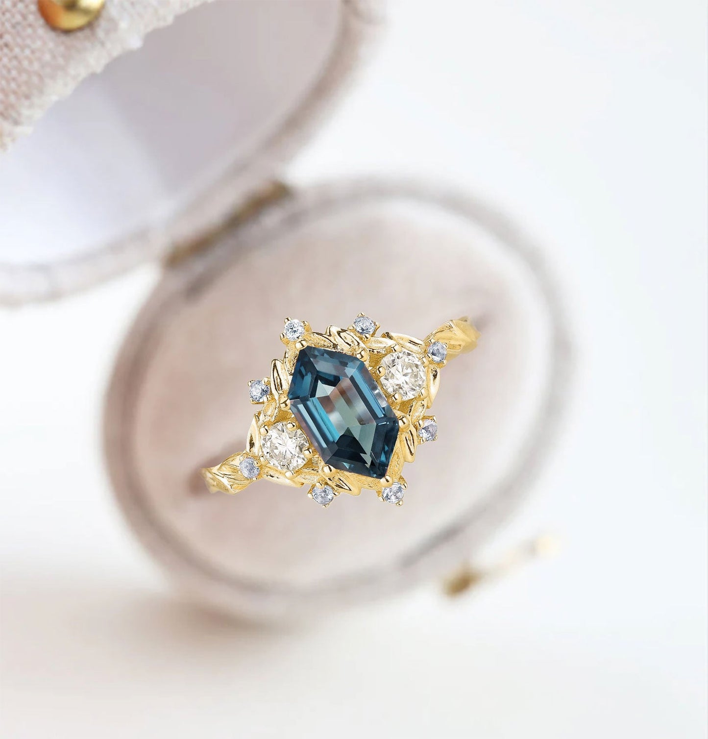 Unique floral engagement rings Long Hexagon Lab Topaz Engagement Ring Flower Leaf Design Topaz Cluster Promise Ring