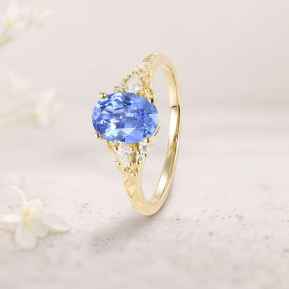 Unique Oval Lab Sapphire and Moissanite Wedding Ring