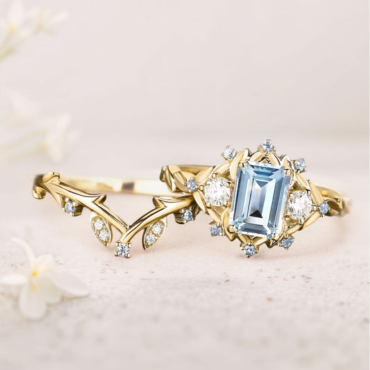 Unique floral engagement rings Emerald Cut Lab Aquamarine Floral Wedding Ring Promise Bridal Set