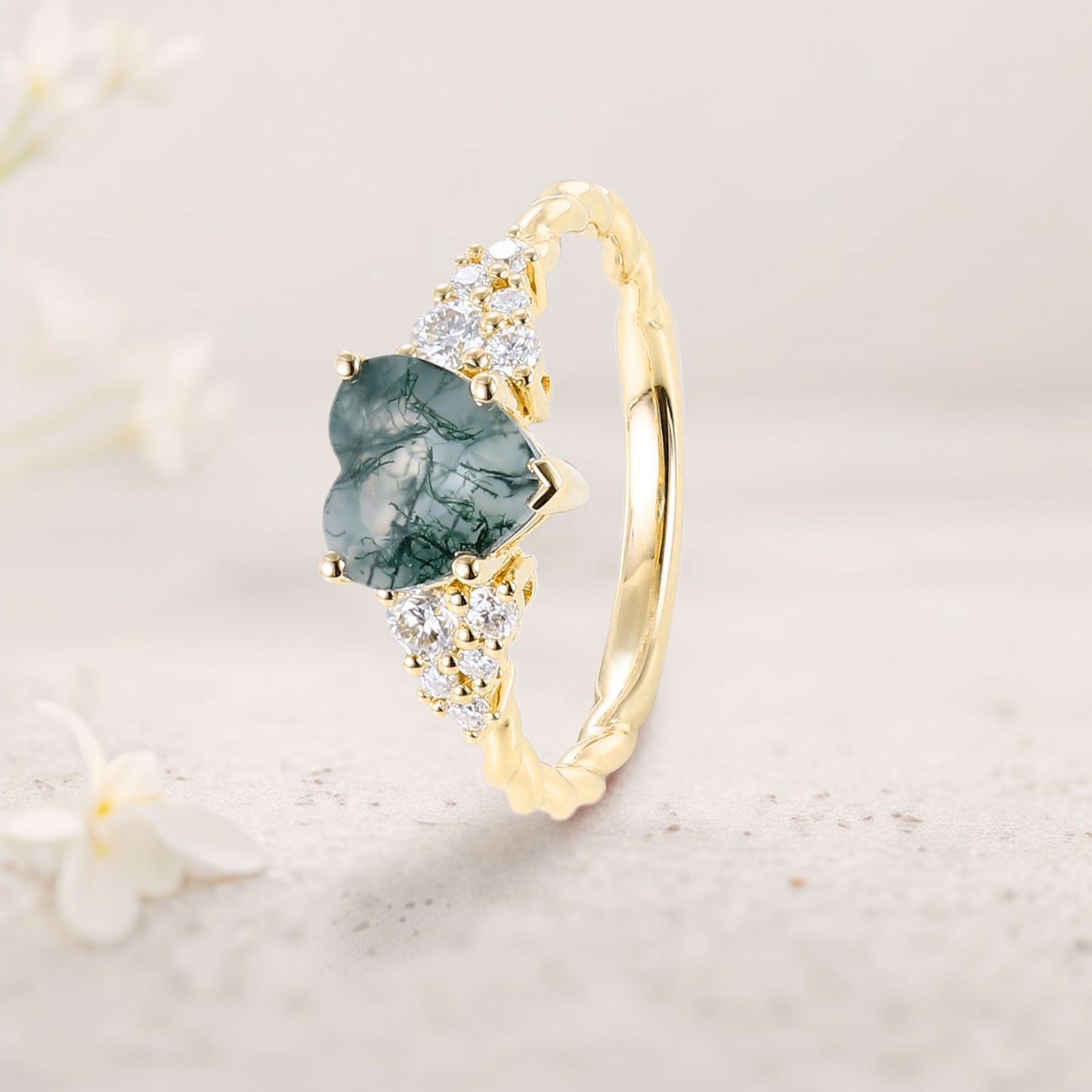 Unique Heart Cut Moss Agate Cluster Engagement Ring Twisted Promise Ring