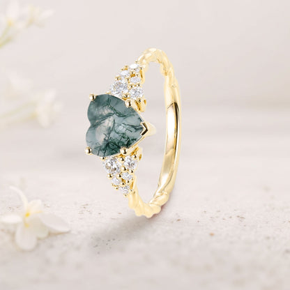 Unique Heart Cut Moss Agate Cluster Engagement Ring Twisted Promise Ring
