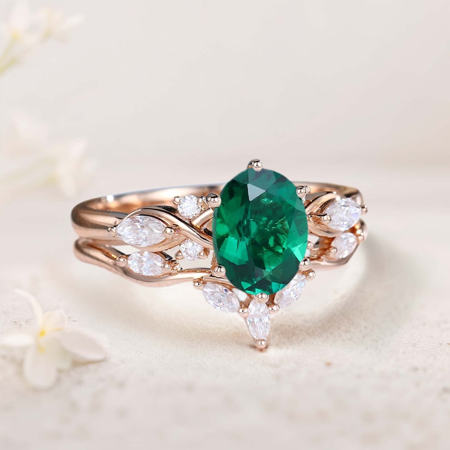 Vintage Oval Lab Emerald and Moissanite Curved Wedding Ring Set Bridal Ring Set