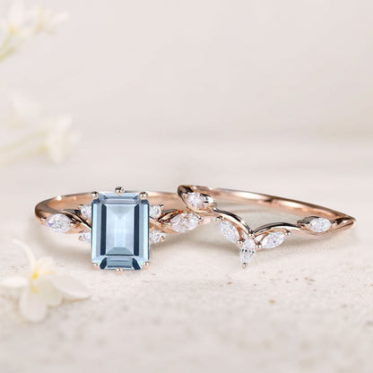 Unique Emerald Shaped Lab Aquamarine Wedding Ring Set Bridal Ring Set