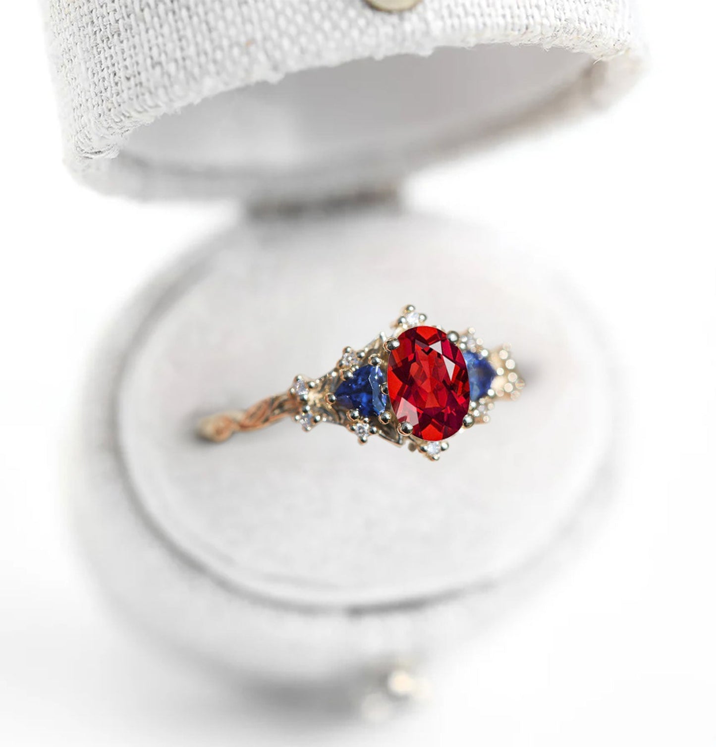 Unique Briar Rose Oval Garnet and Lab Sapphire Ring