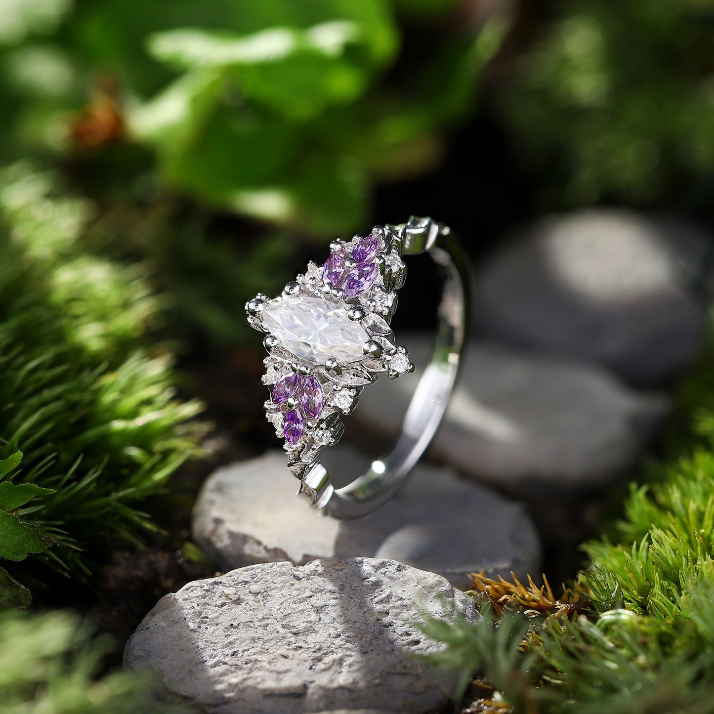 Unique floral engagement rings Starlight Marquise Moissanite Ring