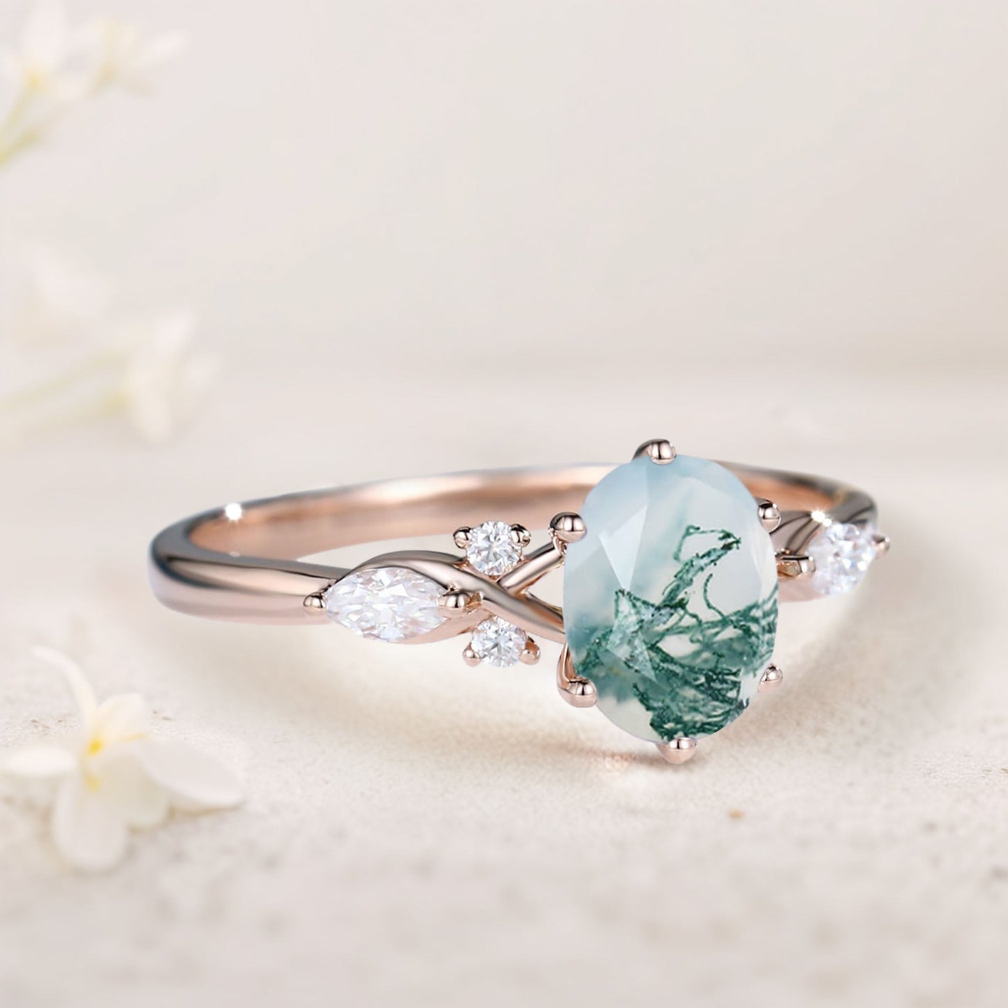 Vintage Oval Moss Agate and Moissanite Engagement Ring