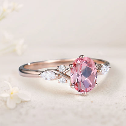 Vintage Oval Lab Padparadscha and Moissanite Engagement Ring