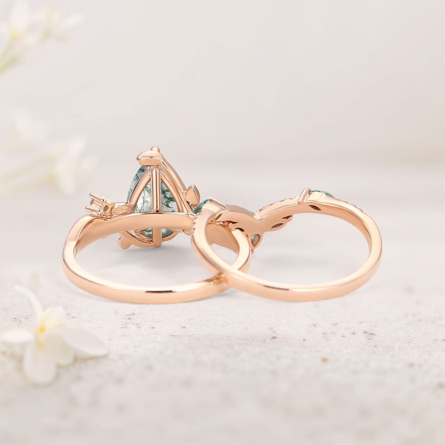 Unique Pear Moss Agate Vine Engagement Ring Set