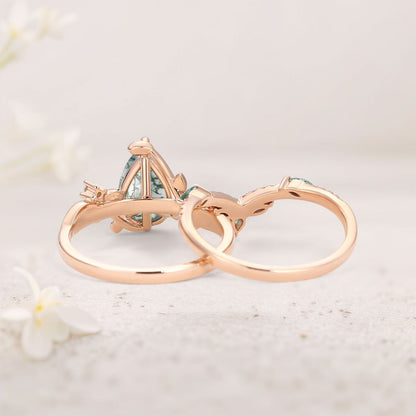 Unique Pear Moss Agate Vine Engagement Ring Set