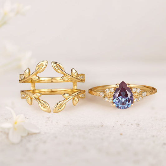 Unique floral engagement rings Pear Lab Alexandrite Double Curved Ring Set