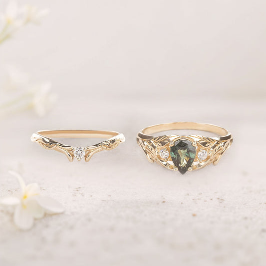 Unique floral engagement rings Pear Green Lab Sapphire engagement ring with Moissanite Wedding Set