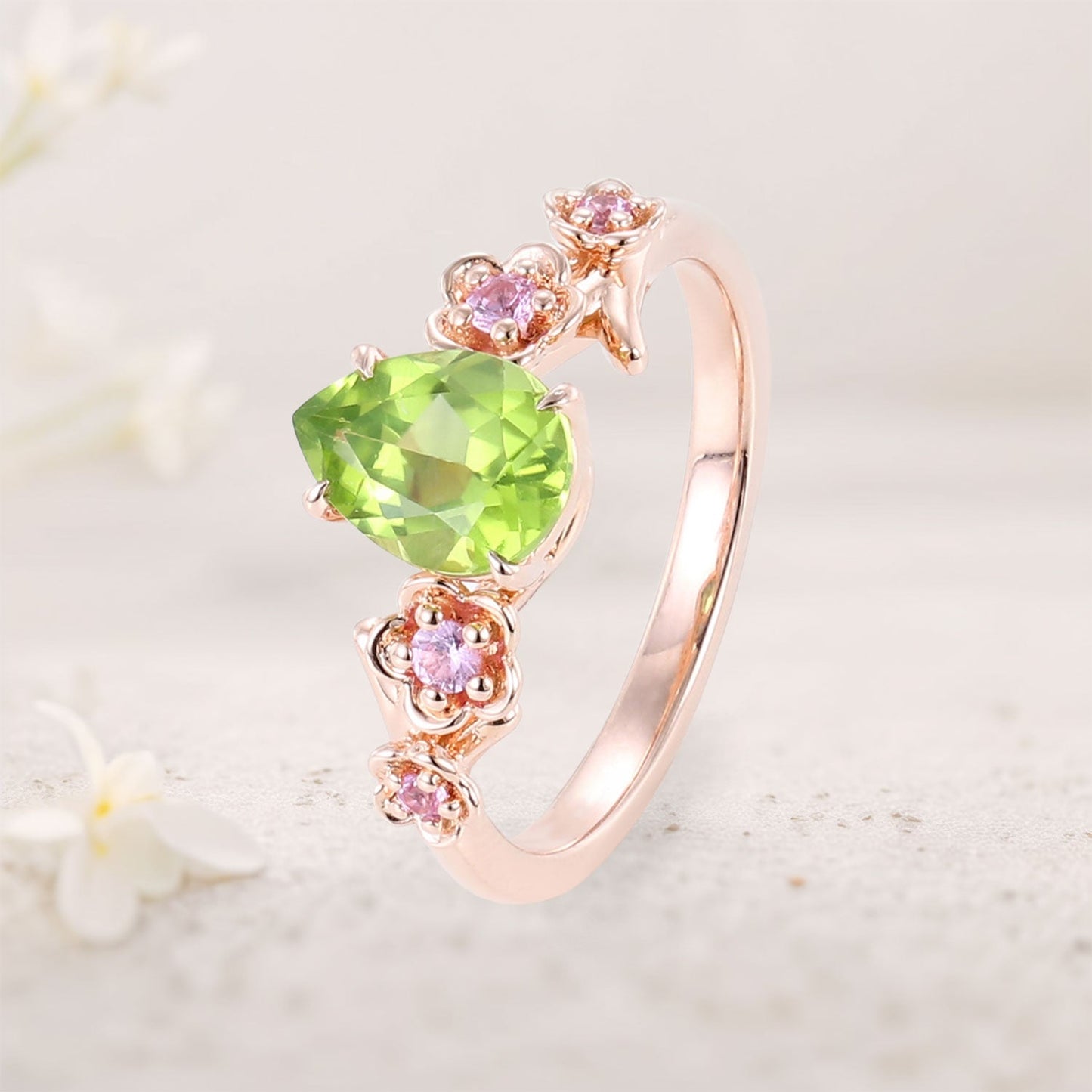 Unique floral engagement rings Pear Peridot Flower Engagement Ring Peridot Halo Leaf Ring