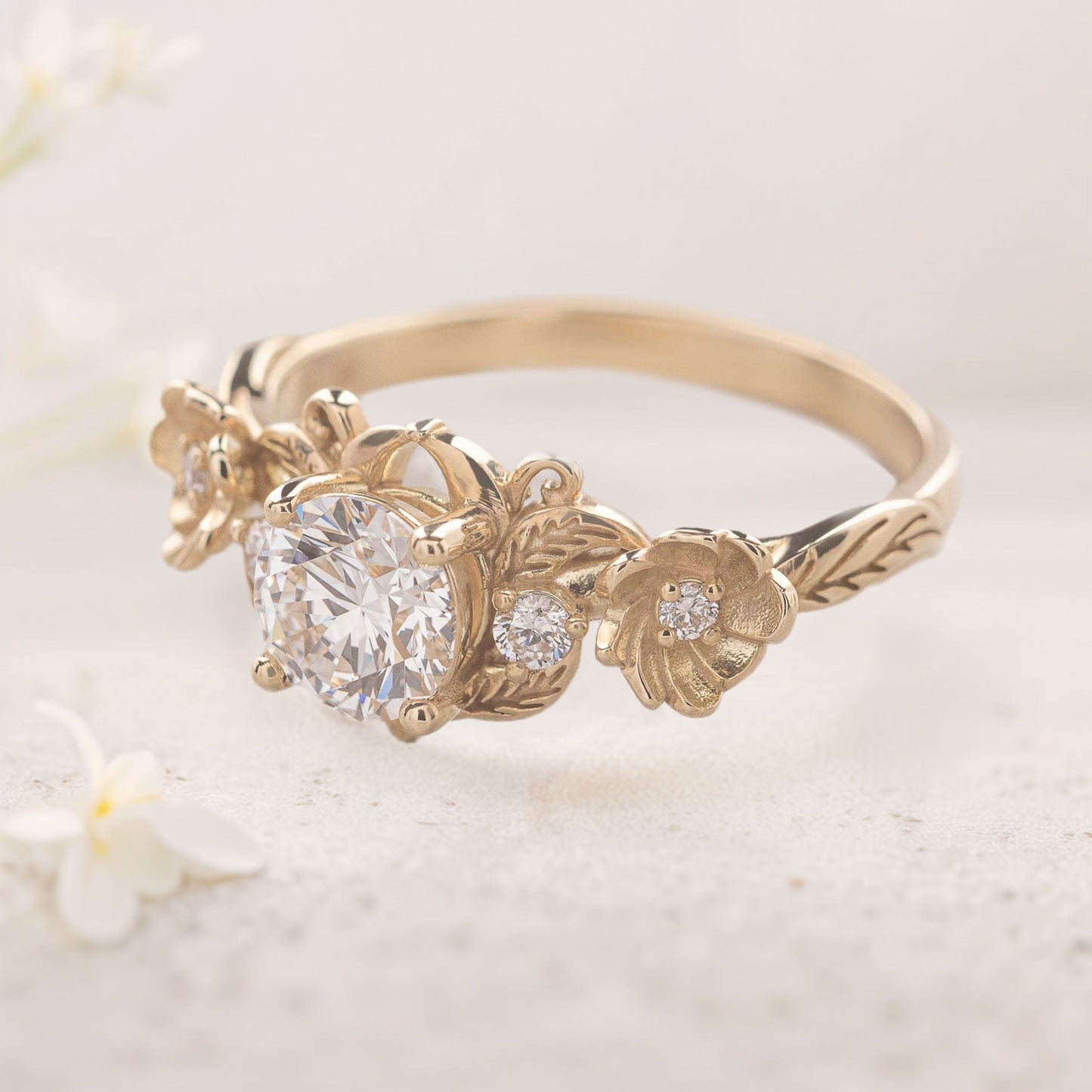 Unique flower Round Moissanite Engagement Ring