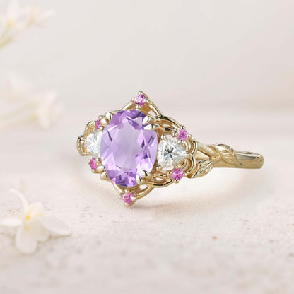 Unique Three Stone Oval Amethyst and Moissanite Engagement Ring