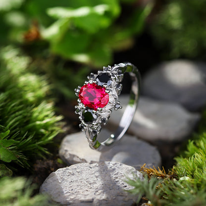 Unique Briar Rose Three Stone Oval Lab Ruby and Black onyx Ring