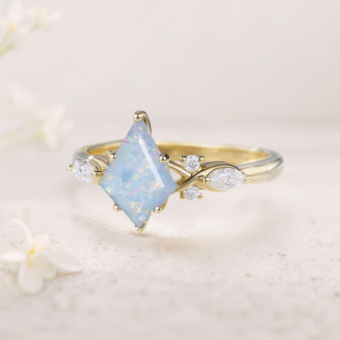 Unique Kite Lab Opal Engagement Ring Art Deco Promise Ring