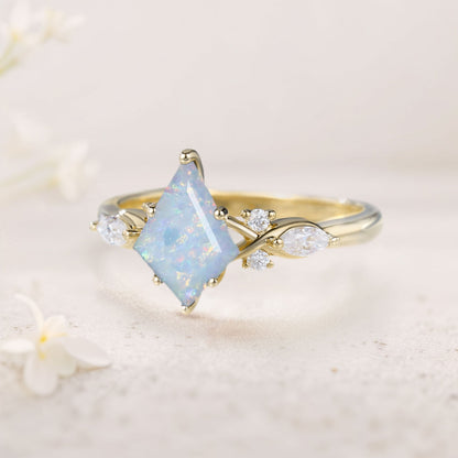 Unique Kite Lab Opal Engagement Ring Art Deco Promise Ring