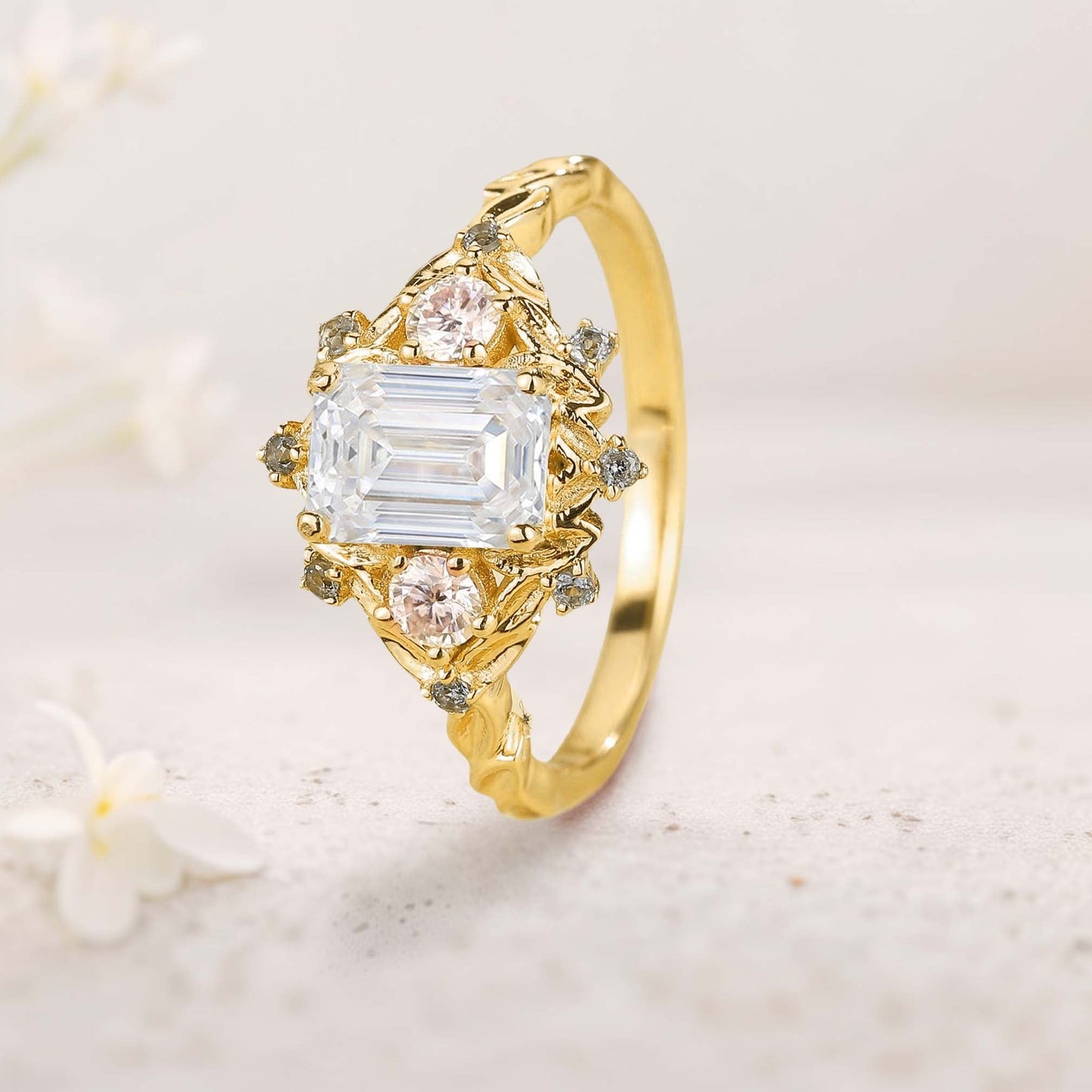 Vintage floral engagement rings Three Stone Emerald cut Moissanite ring Promise ring