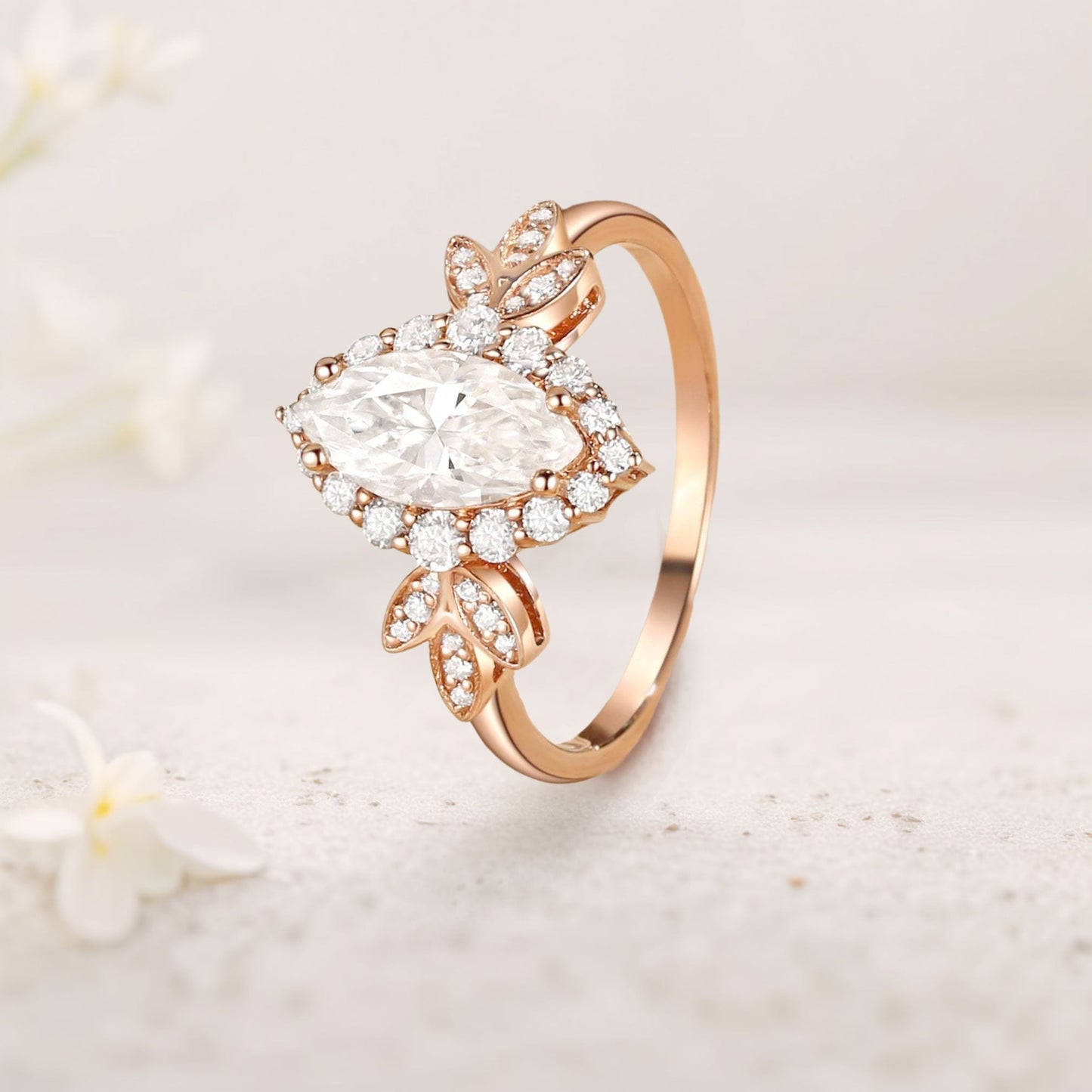 Unique floral engagement rings Marquise Moissanite Butterfly Halo Engagement Ring