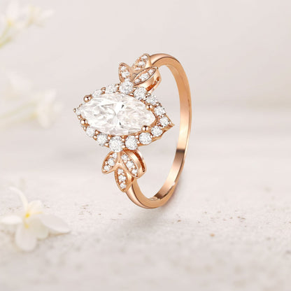 Unique floral engagement rings Marquise Moissanite Butterfly Halo Engagement Ring