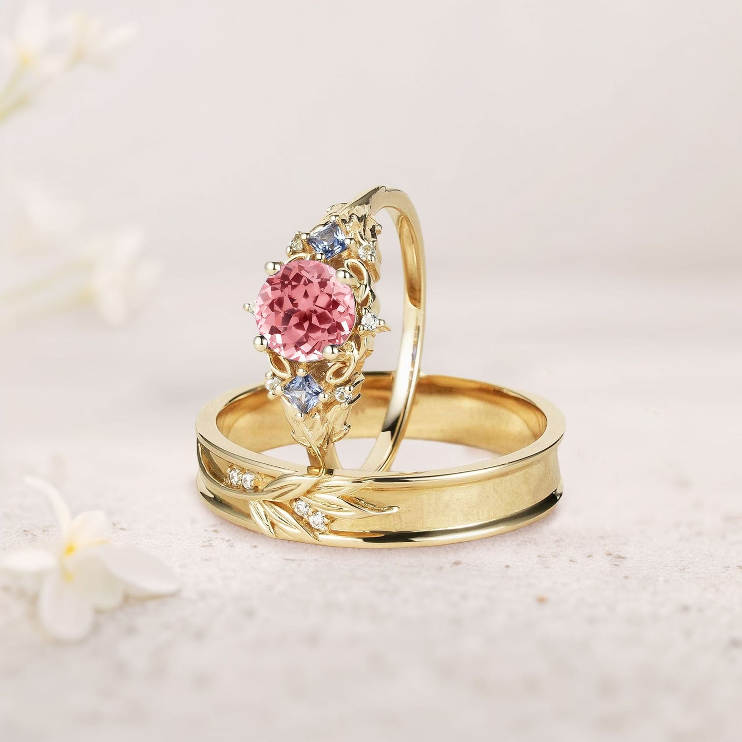 Unique Round Lab Padparadscha Promise Ring Engagement Ring Set for Couples