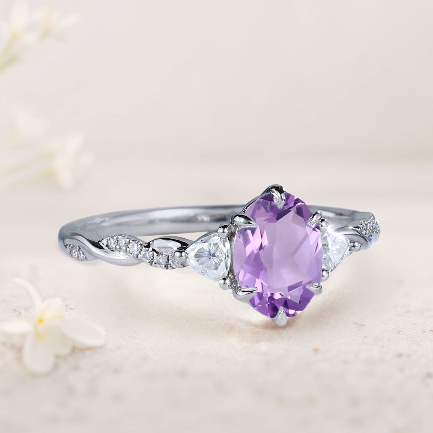 Unique Three Stone Oval Amethyst Ring  Engagement Ring