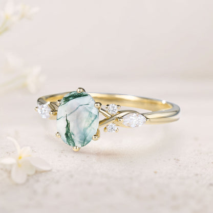 Unique Oval Moss Agate Twist Ring Engagement Ring