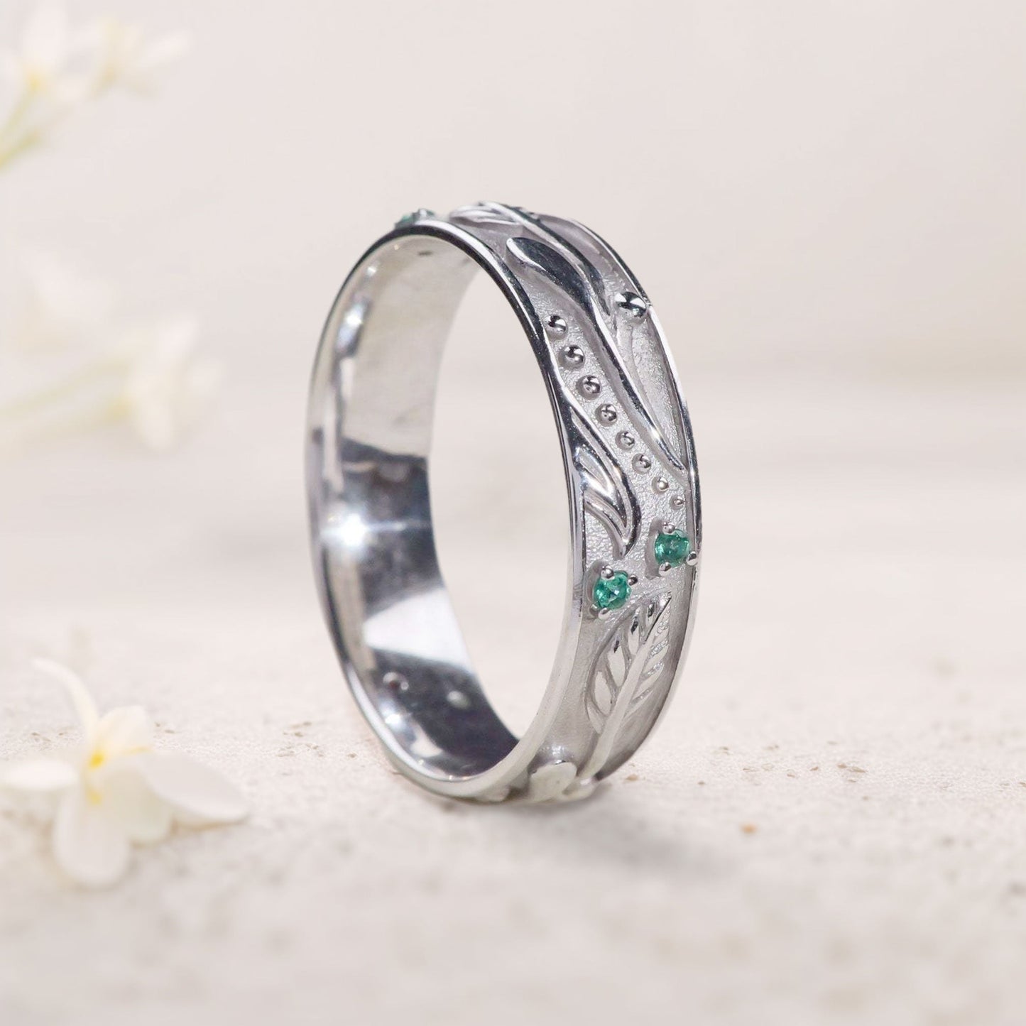 Unique floral engagement rings Nature inspired Wedding Band with Emeralds For Men