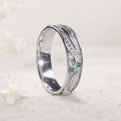 Unique floral engagement rings Nature inspired Wedding Band with Emeralds For Men