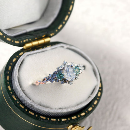 Unique Briar Rose Oval Moissanite and Light Green Lab Sapphire Ring