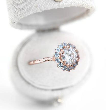Unique Halo Midsummer Round Shaped Moissanite Ring